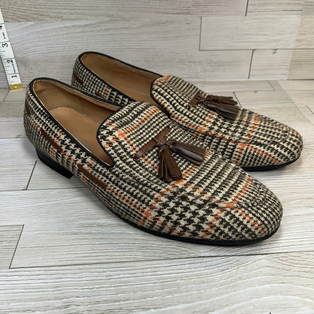ELANROMAN Men's Plaid Loafers w/ Tassel Fashion Pull-on Shoes Size 45 US 12
